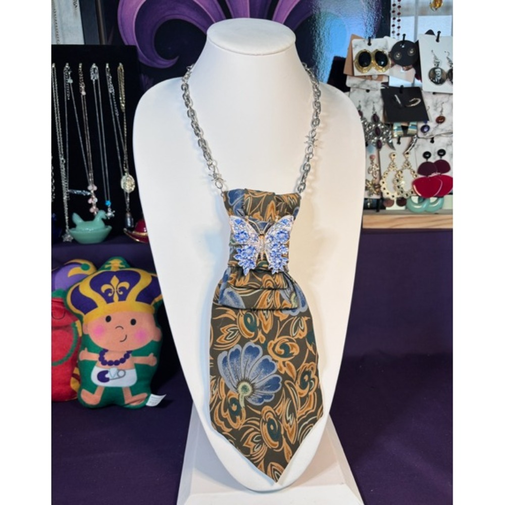 Handmade Necktie Necklace with Blue Butterfly Brooch Floral Statement Jewelry